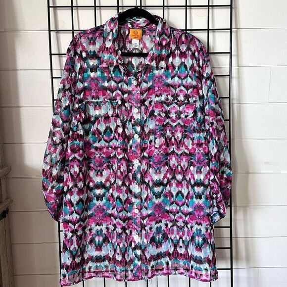 Ruby Rd Button Front Semi Sheer‎ Roll Sleeve Tunic Blouse Womens 20W Purple - Picture 1 of 12